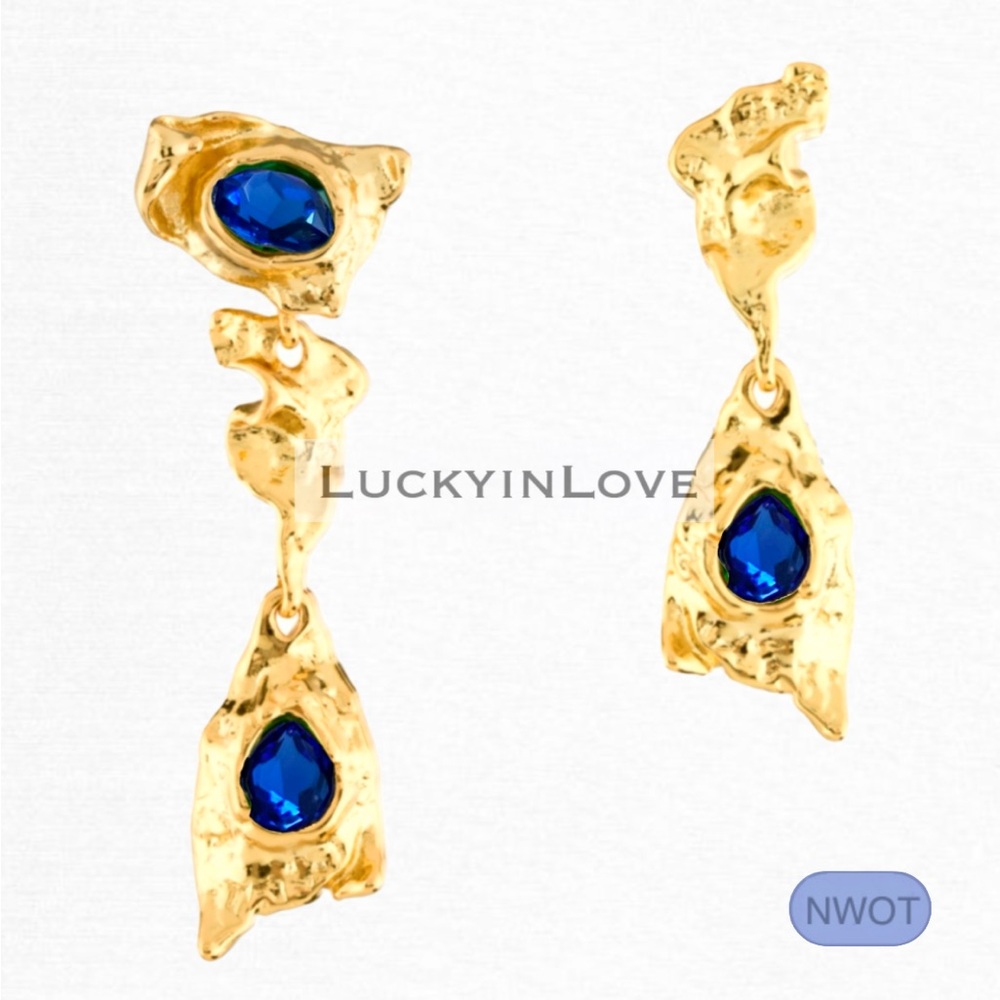 ALEXIS BITTAR • Brut Mismatched Asymmetrical Crumpled Gold Blue Drop Earrings - Picture 4 of 15